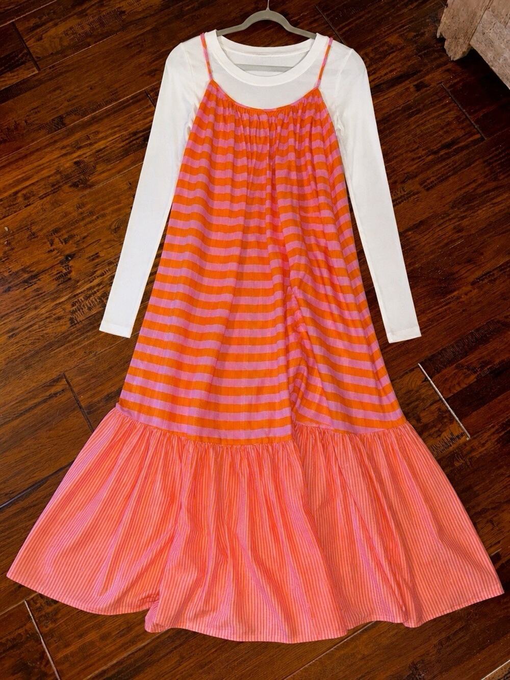 EMILY MCCARTHY MAXI DRESS SLEEVELESS Striped PINK Orange M Pockets